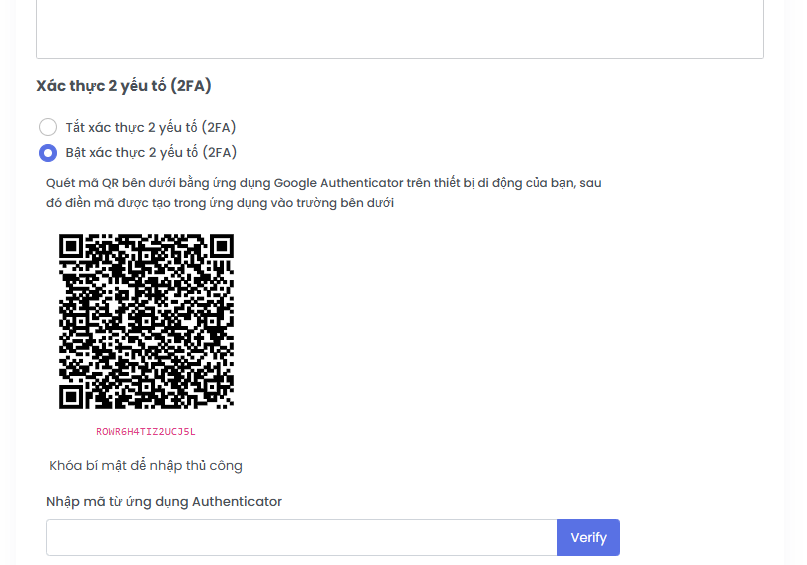 Chọn chế độ bật xác thực 2 yếu tốt (2FA)